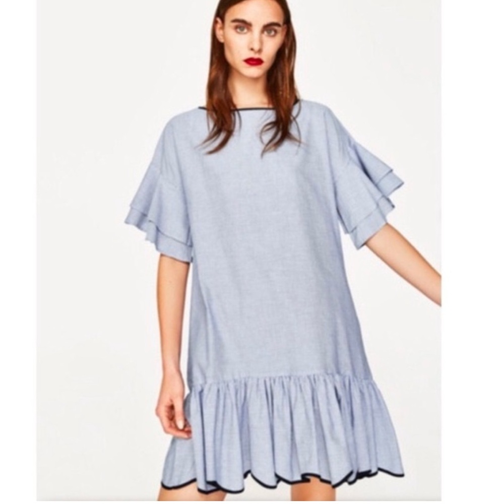 ZARA BASIC DRESS BLUE PINSTRIPE FLUTTER SLEEVE RUFFLE 100% Cotton Size Medium